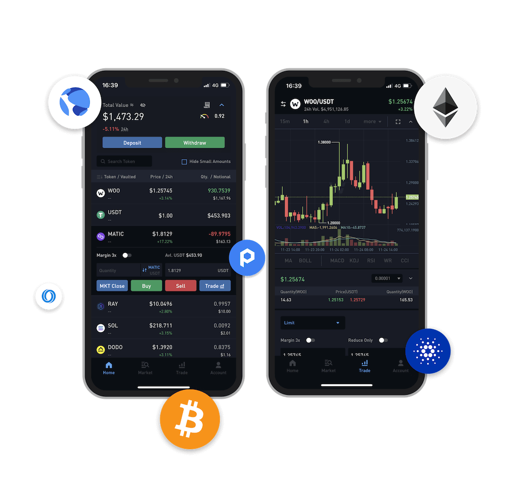 2 mockups of iPhone with the exchange and trading platform WOO X